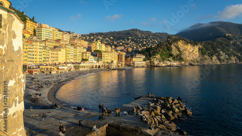 Camogli, Genoa, Italy. Panorama on the gulf of the fishing town. Golden hour.