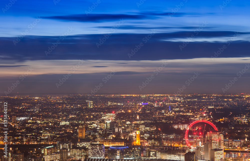 London cityscape at night, United Kingdom. Aerial view