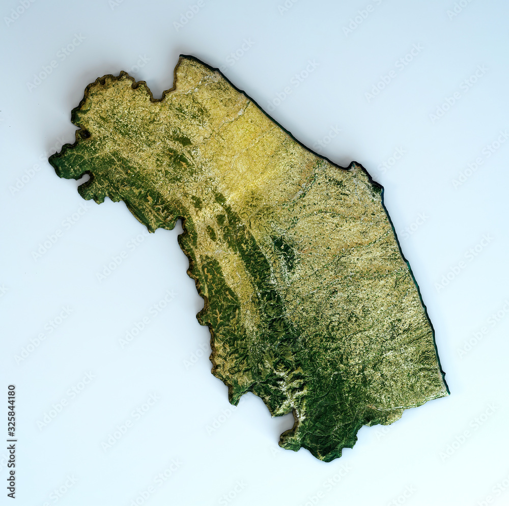 Satellite view of the Marche region. Italy. 3d render. Physical map of Marche, plains, mountains, lakes, mountain range of the Apennines