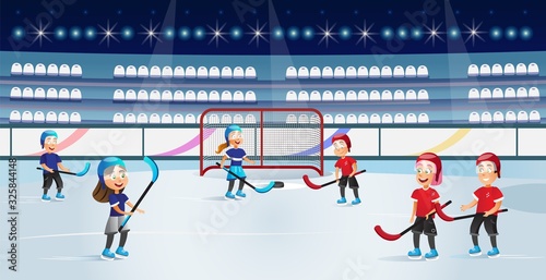 Children Playing Hockey on Ice Rink Flat Cartoon Vector Illustration. Winter Sport inside Building. Boys and Girls with Equipment for Game, Stick and Puck. Happy Kids Having Training or Competition.