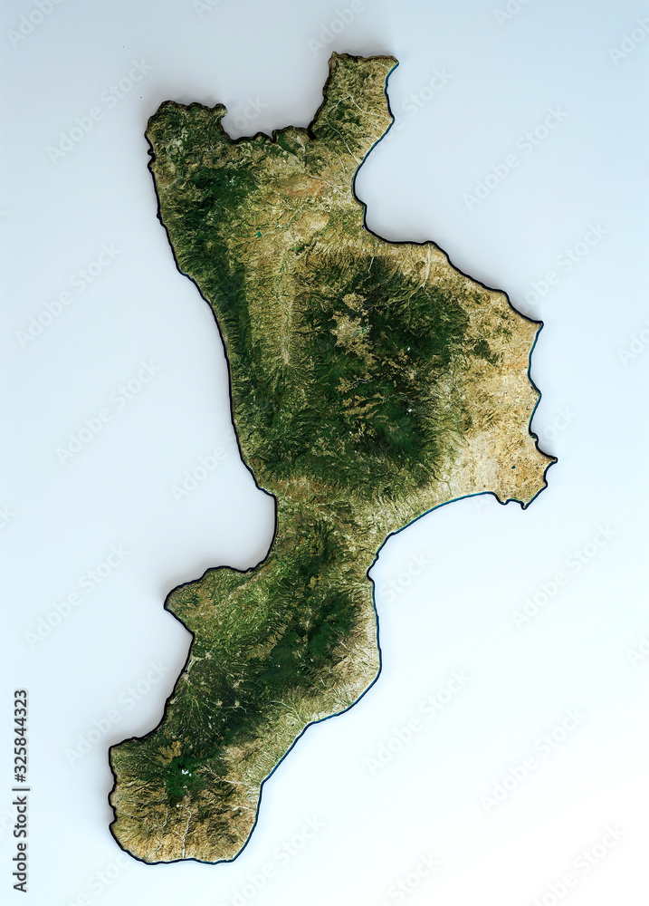 Illustrazione Stock Satellite view of the Calabria region. Italy. 3d  render. Physical map of Calabria, plains, mountains, lakes, mountain range  of the Apennines | Adobe Stock