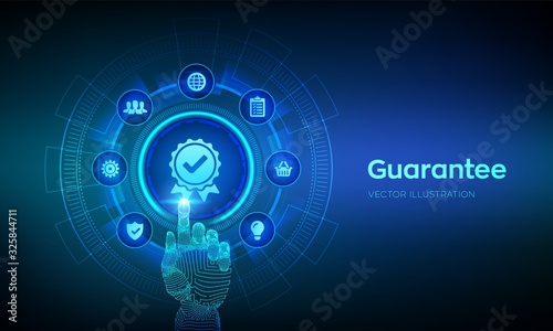 Guarantee, Warranty, Standards, Satisfaction, Quality assurance, ISO certification and standardization concept. Sign of the top service. Robotic hand touching digital interface. Vector illustration.
