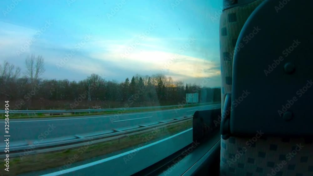 Bus Ride On A Highway Trough Croatia Countryside With Beautiful Blue Sky Bus Ride On A Highway Trough Croatia Countryside With Beautiful Blue Sky