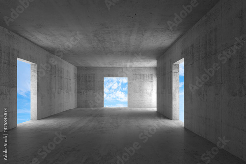 Abstract empty concrete corridor with blue sky