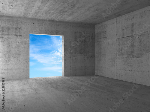 Blue sky behind an empty doorway in a corner