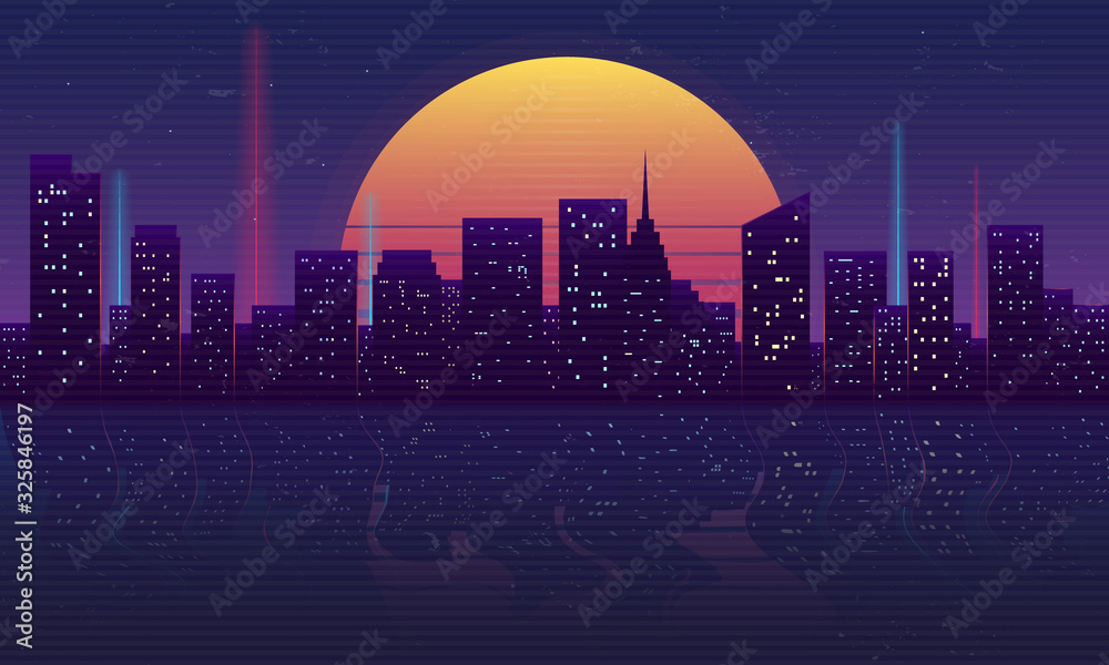 Retro futuristic night city concept. Cityscape isolated on a dark background with reflection in water, retro sun and vintage grunge textures. Vaporwave, Cyberpunk background. Vector illustration