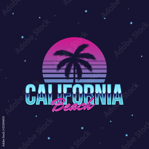 California Beach retro neon logo. 80's logo design with Beach palm and retro sun. Vector logo template.
