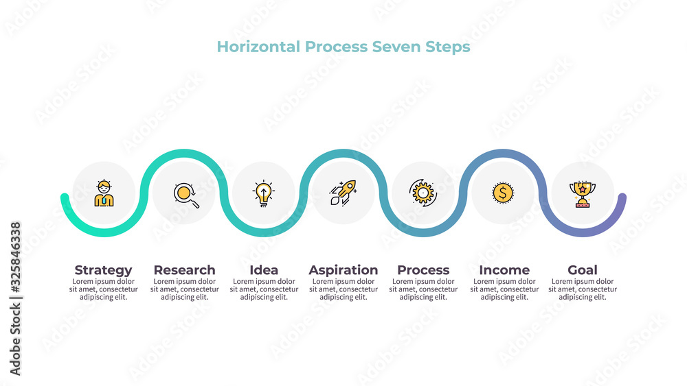Business infographics. Timeline with 7 steps, options, circles. Vector template.