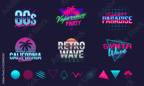 6 Retro neon logo templates and 10 trendy elements to create your own design. Print for t-shirt, banner, poster, cover, badge and label. Retro 80's typography design. Vector illustration photo