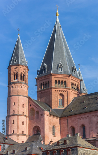Tower of the historic Dom church in Mainz, Germany