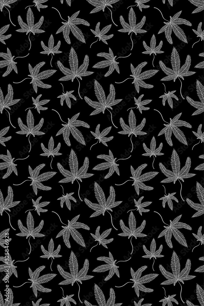Fototapeta premium Abstract Grey and White Seamless Pattern with Medical Marijuana. Cannabis Plant Symbol with Leaves isolated on Black Background. Raster Illustration