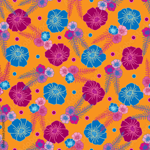 Festive Poppies -Flowers in Bloom Seamless repeat pattern. Poppie flowers and fern leaves pattern background in pink, maroon,blue and orange. Surface pattern design. Perfect for Fabric, scrapbook