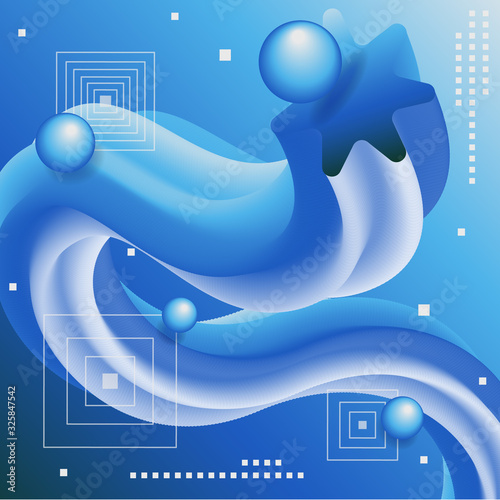 Background in modern white and blue tones with gradient, balls and squares. Abstraction. Vector. Web banner, poster