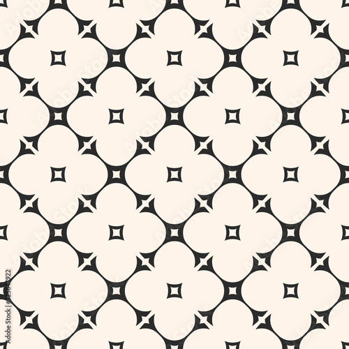 Vector ornamental geometric seamless pattern. Simple geometrical rounded shapes, diagonal lattice, floral silhouettes. Subtle elegant monochrome texture. Abstract repeat background, tileable design