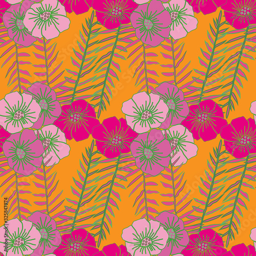 Festive Silk -Flowers in Bloom Seamless repeat pattern. Poppy flowers and fern leaves pattern background in pink, green and orange. Surface pattern design. Perfect for Fabric, scrapbook,wallpaper