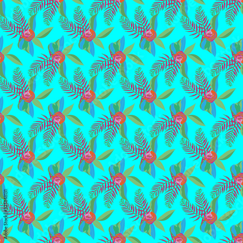 Festive Flowers and Fern -Flowers in Bloom Seamless repeat pattern. Flowers and fern leaves pattern background in pink,green and blue. Surface pattern design. Perfect for Fabric, scrapbook,wallpaper