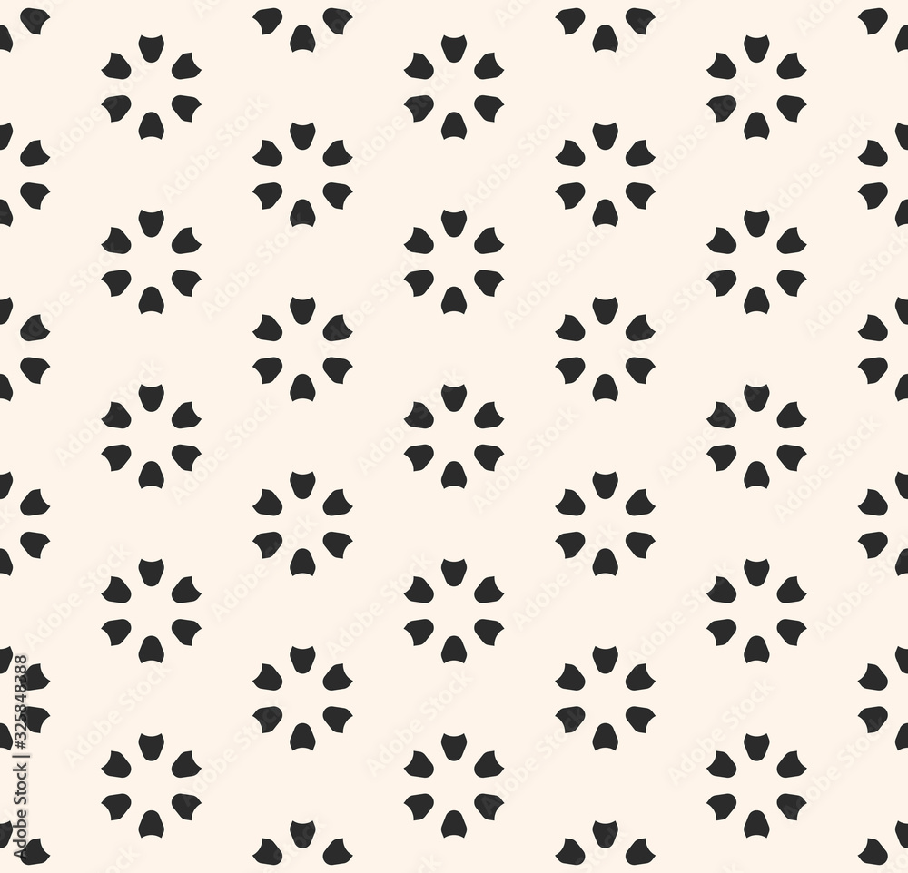Vector monochrome seamless pattern. Abstract floral geometric texture. Simple minimalist background. Perforated surface. Stylish modern design for prints, home decor, textile, furniture, linens, cloth Vector monochrome seamless pattern. Abstract floral geometric texture. Simple minimalist background. Perforated surface. Stylish modern design for prints, home decor, textile, furniture, linens, cloth