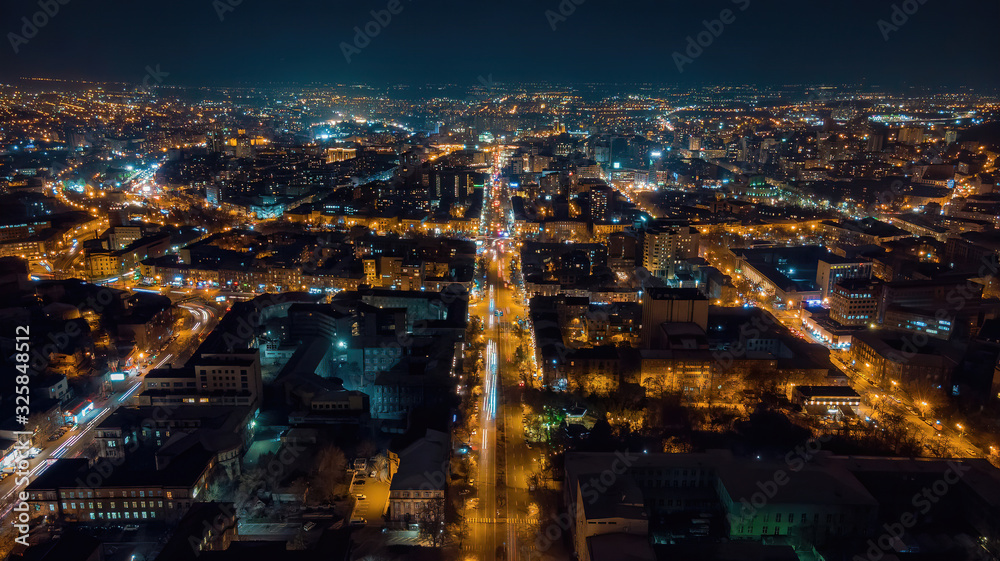 Night city drone long exposure shooting 