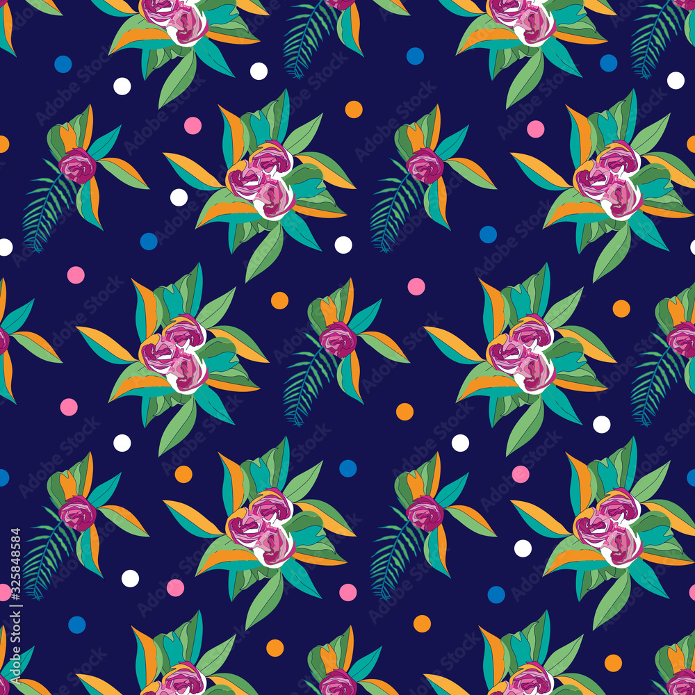Floral Nights-Flowers in Bloom seamless repeat pattern. Flowers and fern leaves pattern background in pink,green,yellow,blue,orange and white.Surface pattern design. for Fabric, scrapbook,wallpaper