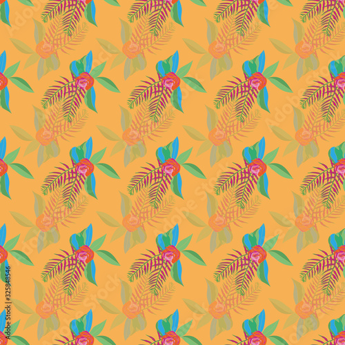 Sunny Bouquets-Flowers in Bloom seamless repeat pattern. Flowers and fern leaves pattern background in pink,green,yellow,blue and orange.Surface pattern design. for Fabric, scrapbook,wallpaper