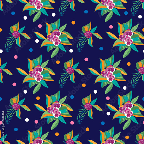Floral Nights-Flowers in Bloom seamless repeat pattern. Flowers and fern leaves pattern background in pink,green,yellow,blue,orange and white.Surface pattern design. for Fabric, scrapbook,wallpaper