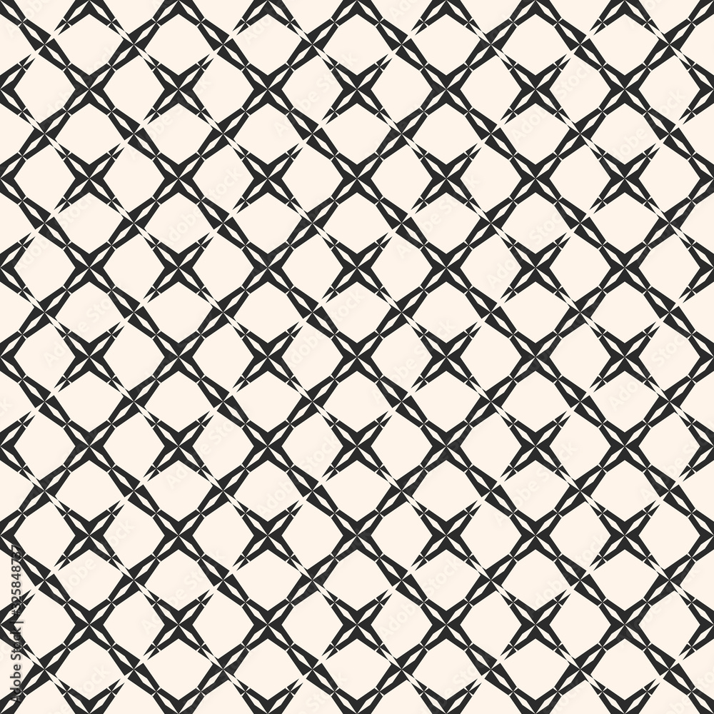 Fototapeta premium Geometric grid seamless pattern. Abstract diagonal square lattice texture, simple geometrical figures, star shapes, crosses. Monochrome repeat background. Decorative design element. - Stock vector