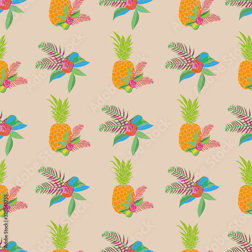 Festive Pineapple Spring-Fruit Delight modern pattern. Pineapple,flowers and leaves seamless repeat pattern in pink,orange,green,blue and cream. Perfect for fabric, scrapbook, wallpaper.