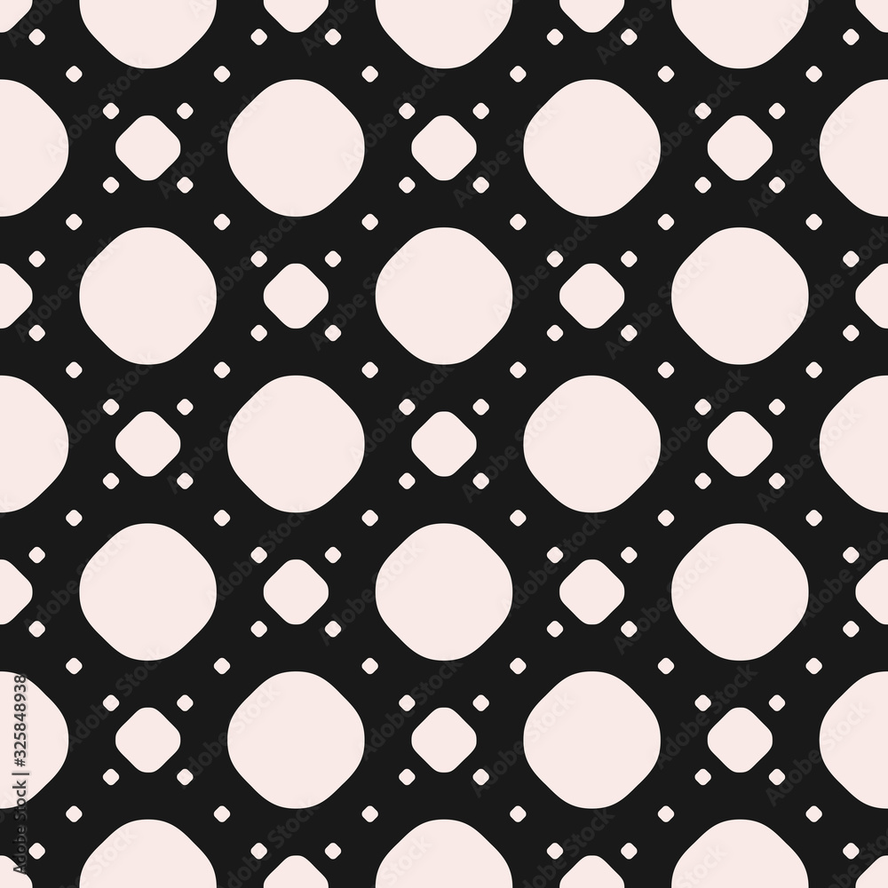 Black and white dotted seamless pattern. Minimal abstract geometric background with big and small circles, dots in square grid. Stylish modern monochrome texture. Design for decor, textile, carpet Black and white dotted seamless pattern. Minimal abstract geometric background with big and small circles, dots in square grid. Stylish modern monochrome texture. Design for decor, textile, carpet