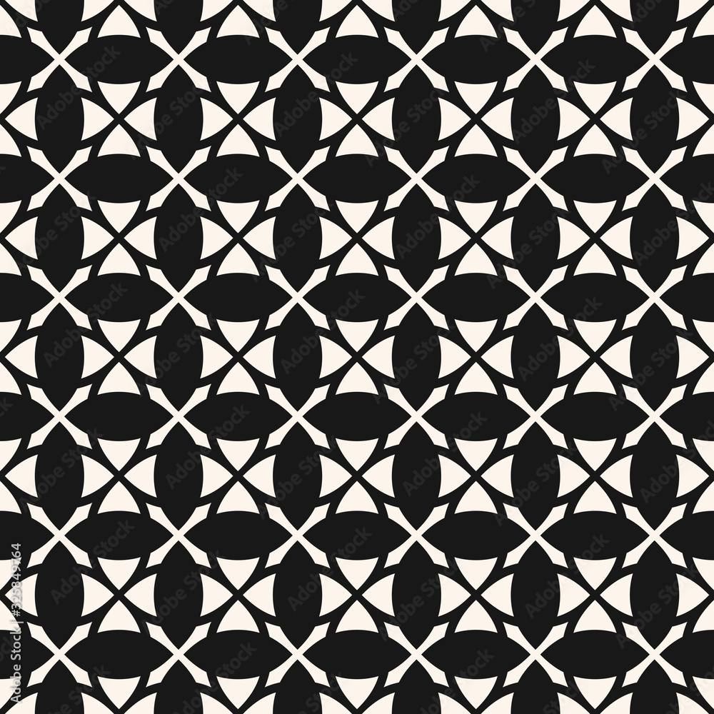 Fototapeta premium Ornamental geometric seamless pattern. Vector abstract mosaic background. Black and white ornament with floral shapes, crosses, grid, lattice, repeat tiles. Elegant monochrome texture. Stylish design