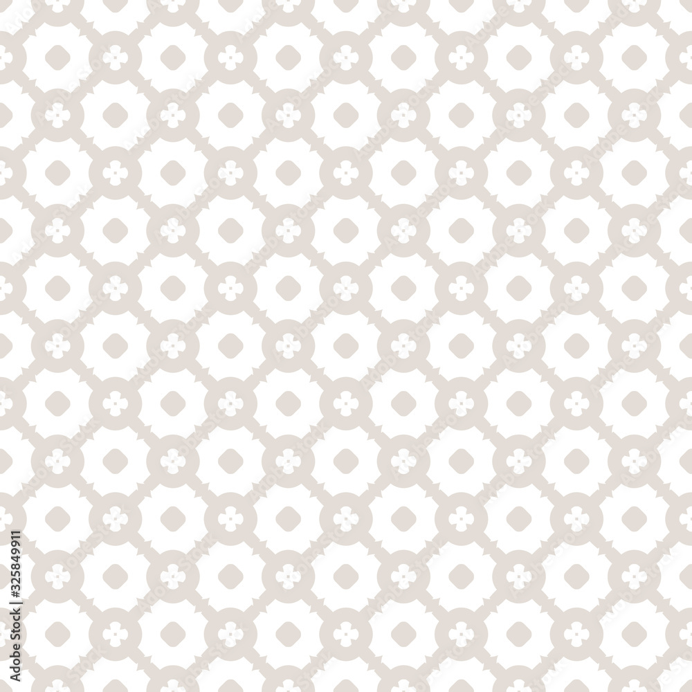 Subtle vector geometric seamless pattern. Abstract texture with delicate mesh, lattice, grid, circles, small flower silhouettes. Simple white and beige ornamental background. Elegant repeat design