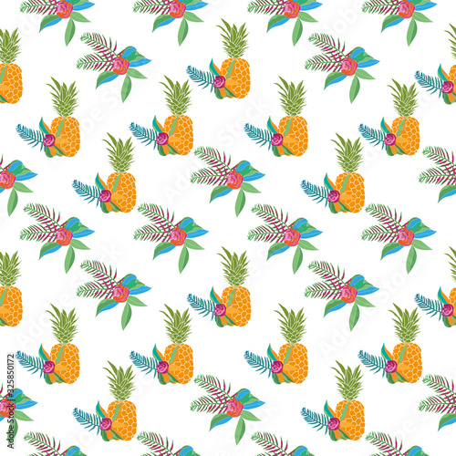 Pineapple Flowers-Fruit Delight modern pattern. Pineapple f owers seamless repeat pattern in yellow,green pink,blue and white. Fun pattern background. Perfect for fabric, scrapbook, wallpaper. photo