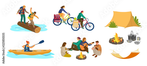 People in hike or camping. Crossing the river by log, couple in bike camping, woman kayaking, group of friends around campfire with guitar, tent, hammock, camping utensils. Flat vector.