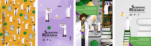 Vector illustrations with scientists, scientific research, laboratory and pattern