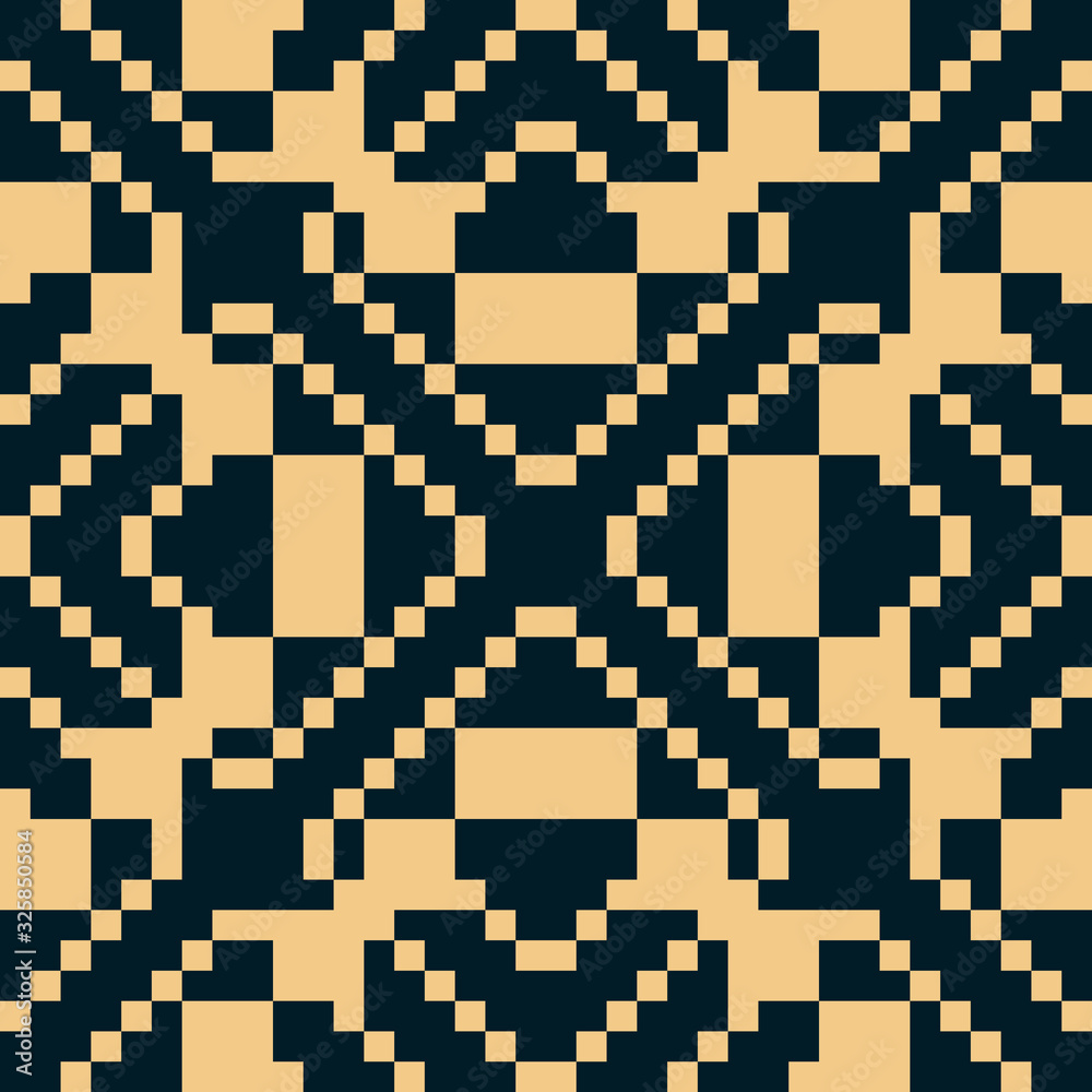 Fototapeta premium Vector geometric traditional folk ornament. Ethnic seamless pattern. Ornamental background with small squares, crosses, snowflakes, floral shapes. Texture of embroidery, knitting. Black and gold color