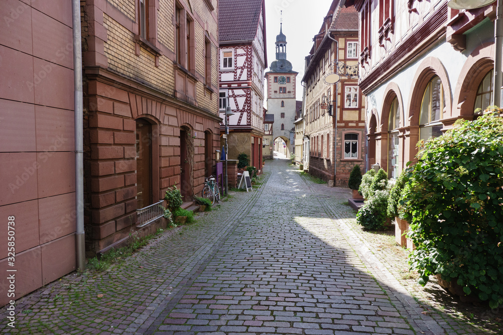 Historic medieval old town with half-timbered houses and cobblestone pavement and city gate with archway