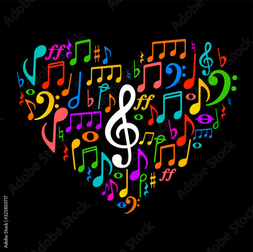 Musical notes colorful music background. Vector illustration heart i love you design pattern