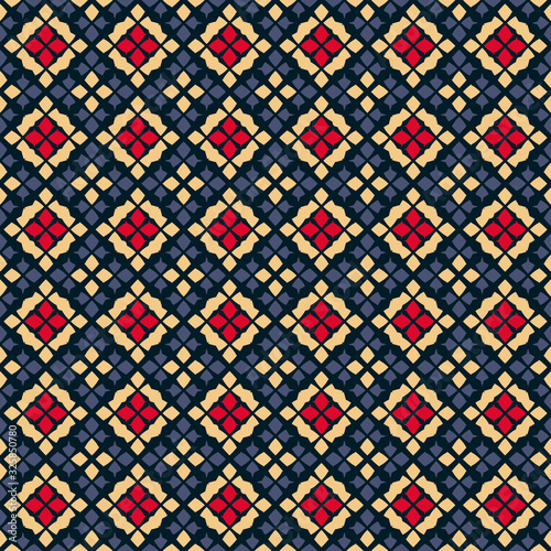 Vector geometric seamless pattern. Traditional folk ornament. Texture with small rhombuses, flower silhouettes, diamonds. Tribal ethnic motif. Red, yellow, blue and black colors. Repeatable background