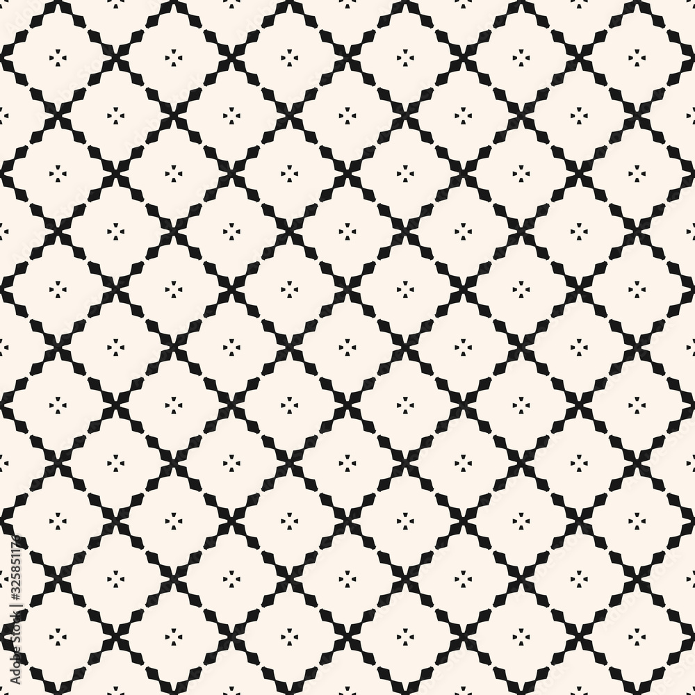 Vector geometric grid seamless pattern. Abstract black and white texture with small flower silhouettes, delicate lattice, mesh, net, cross lines. Simple monochrome background. Minimal repeat design