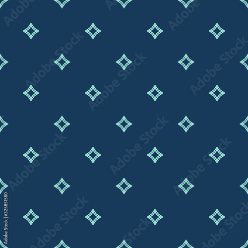Simple vector geometric seamless pattern with diamond shapes, stars, rhombuses. Subtle minimal dark blue and turquoise background. Abstract minimalist texture, repeat tiles. Stylish modern design