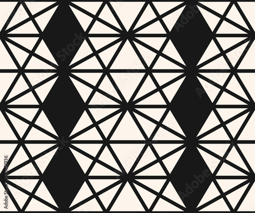 Triangles pattern. Abstract geometric seamless texture. Vector black and white graphic background. Simple ornament with triangles, diamond shapes, grid, net, mesh, lattice. Stylish monochrome design
