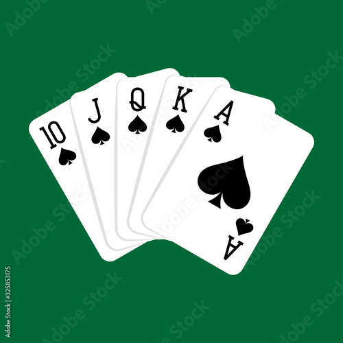 Royal flush hand of spades, playing cards deck colorful illustration. Poker cards, jack, queen, king and ace vector.