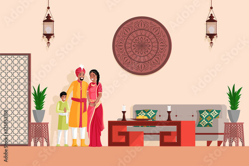 Indian family in Arabian or Indian style designed living room vector flat illustration.