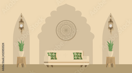 Arabian or Indian style designed living room decorated with Arabic lanterns. Oriental style of room decoration.