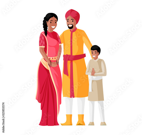 Indian family vector flat illustration. Family generations, mother, father and son in national dress standing together.