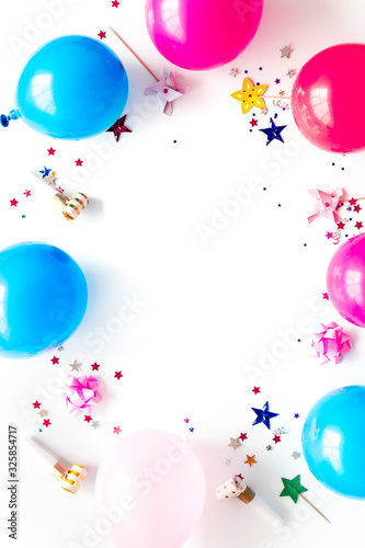 Decorative frame with colorful balloons on white background top-down frame copy space