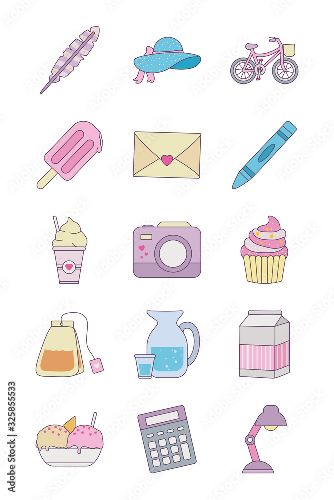 Isolated cute objects line and fill style icon set vector design