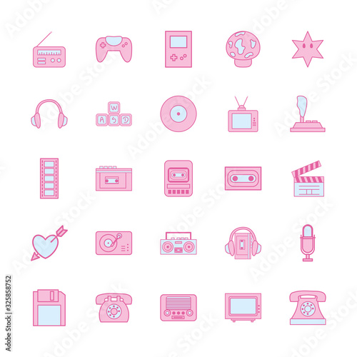 neon line and fill style icon set vector design