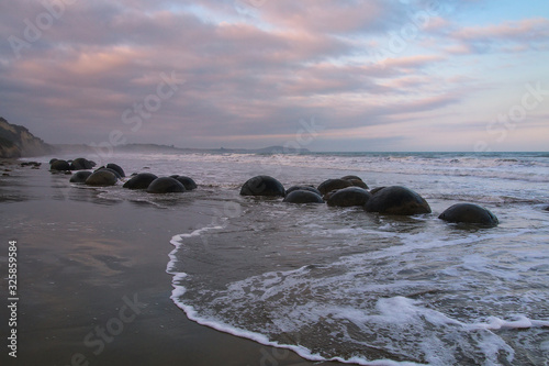 Moeraki Boulders on Koekohe Beach, Otago, South Island, New Zealand.