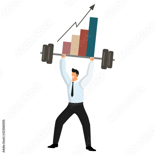 Businessman in trousers, tie and shirt raises a metaphorical barbell with a business chart