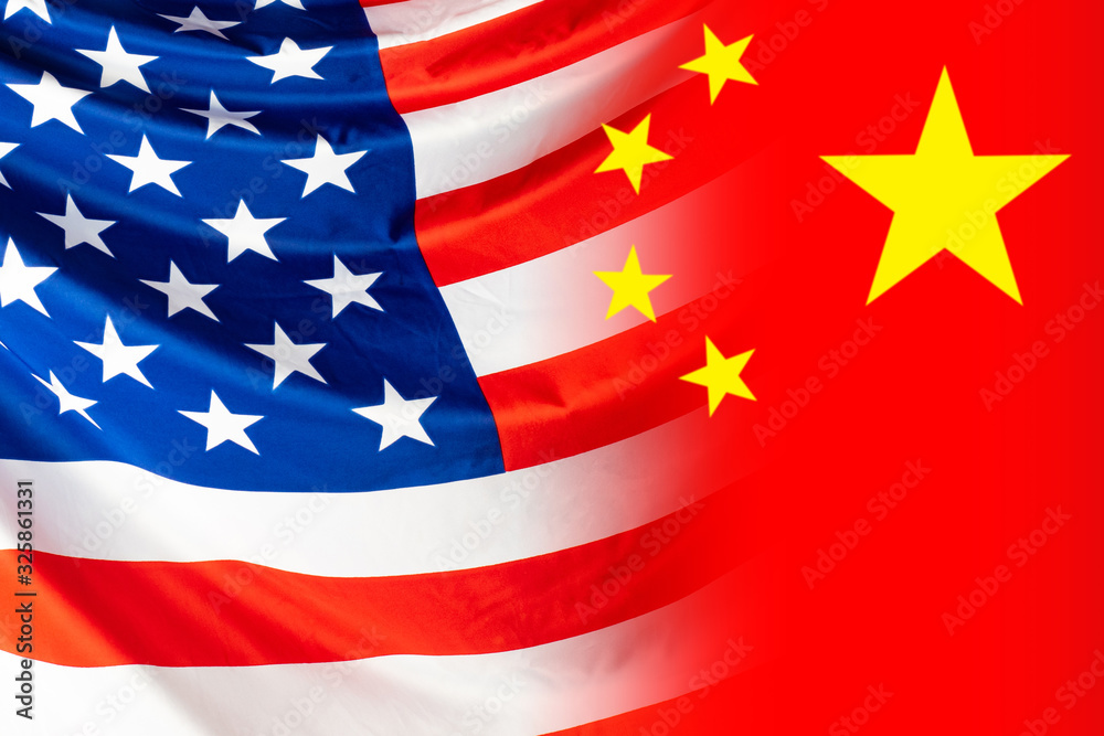 Flags of America and China. Two national flags in one picture. Cooperation of States. Cooperation between the US and PRC. The concept of the relationship between the economy and politics of countries.